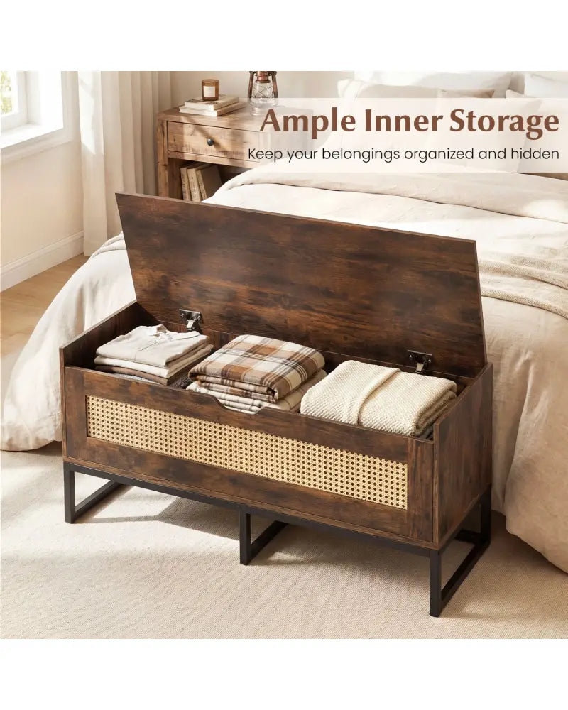 39.5’’ Rattan Storage Chest Wicker Shoe Bench with Padded Seat Flip-Top-Rustic Brown - Rustic Brown - Shoe Racks &
