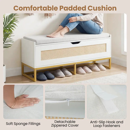 39.5’’ Rattan Storage Chest Wicker Shoe Bench with Padded Seat Flip-Top-White - White - Shoe Racks & Storage Benches