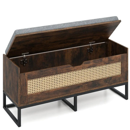 39.5’’ Rattan Storage Chest Wicker Shoe Bench with Padded Seat Flip-Top-Rustic Brown - Rustic Brown - Shoe Racks &