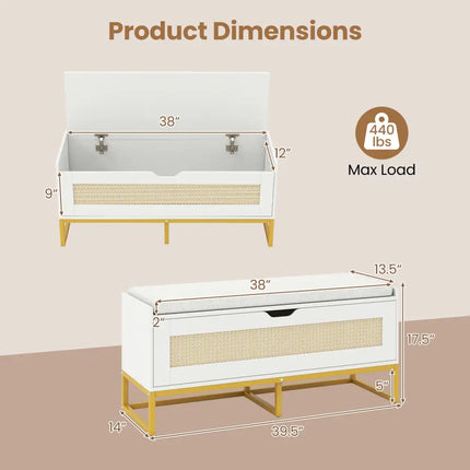 39.5’’ Rattan Storage Chest Wicker Shoe Bench with Padded Seat Flip-Top-White - White - Shoe Racks & Storage Benches