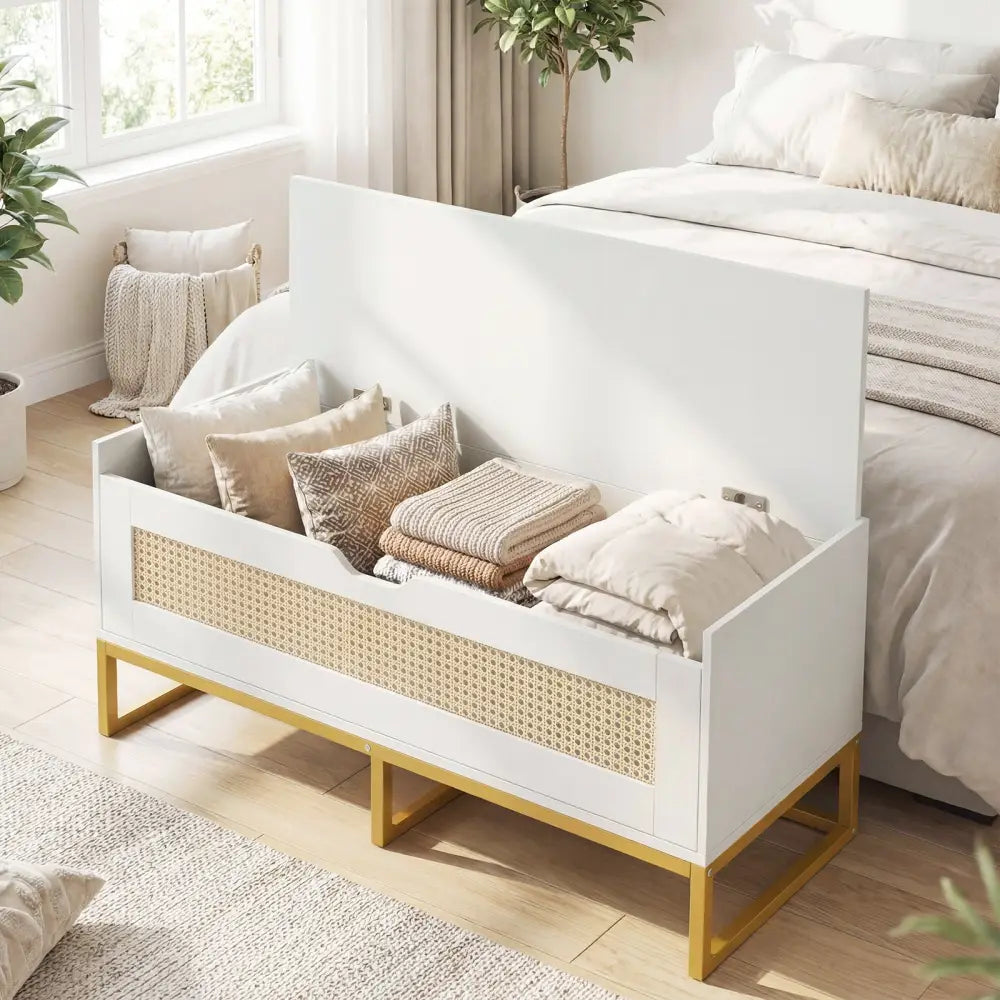 39.5’’ Rattan Storage Chest Wicker Shoe Bench with Padded Seat Flip-Top-White - White - Shoe Racks & Storage Benches