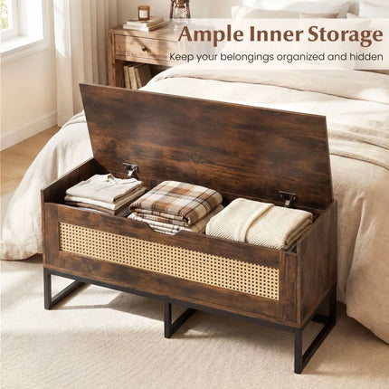 39.5’’ Rattan Storage Chest Wicker Shoe Bench with Padded Seat Flip-Top-Rustic Brown - Rustic Brown - Shoe Racks &