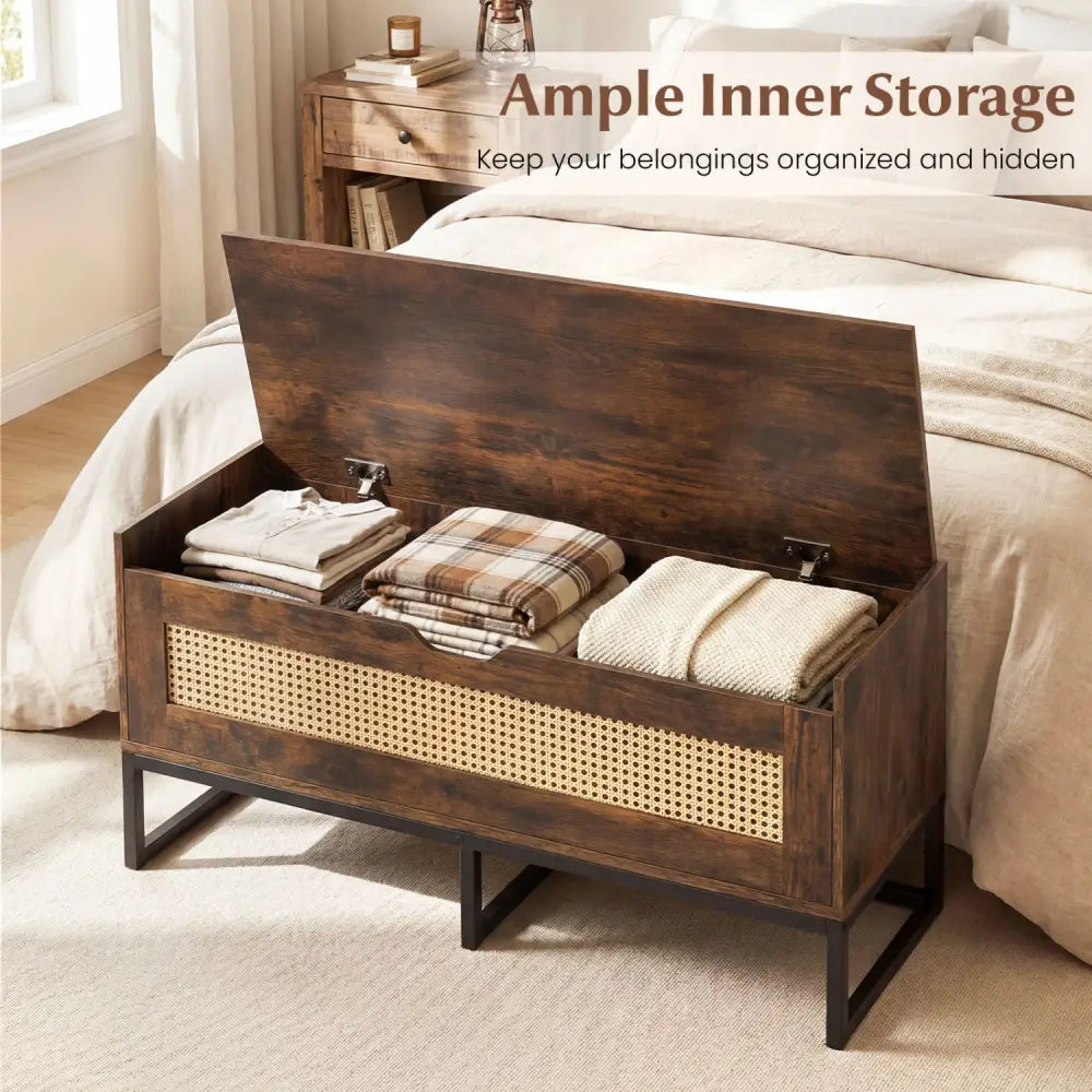 39.5’’ Rattan Storage Chest Wicker Shoe Bench with Padded Seat Flip-Top-Rustic Brown - Rustic Brown - Shoe Racks &