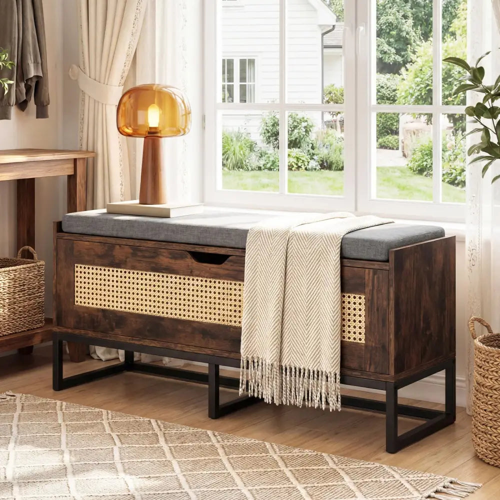 39.5’’ Rattan Storage Chest Wicker Shoe Bench with Padded Seat Flip-Top-Rustic Brown - Rustic Brown - Shoe Racks &