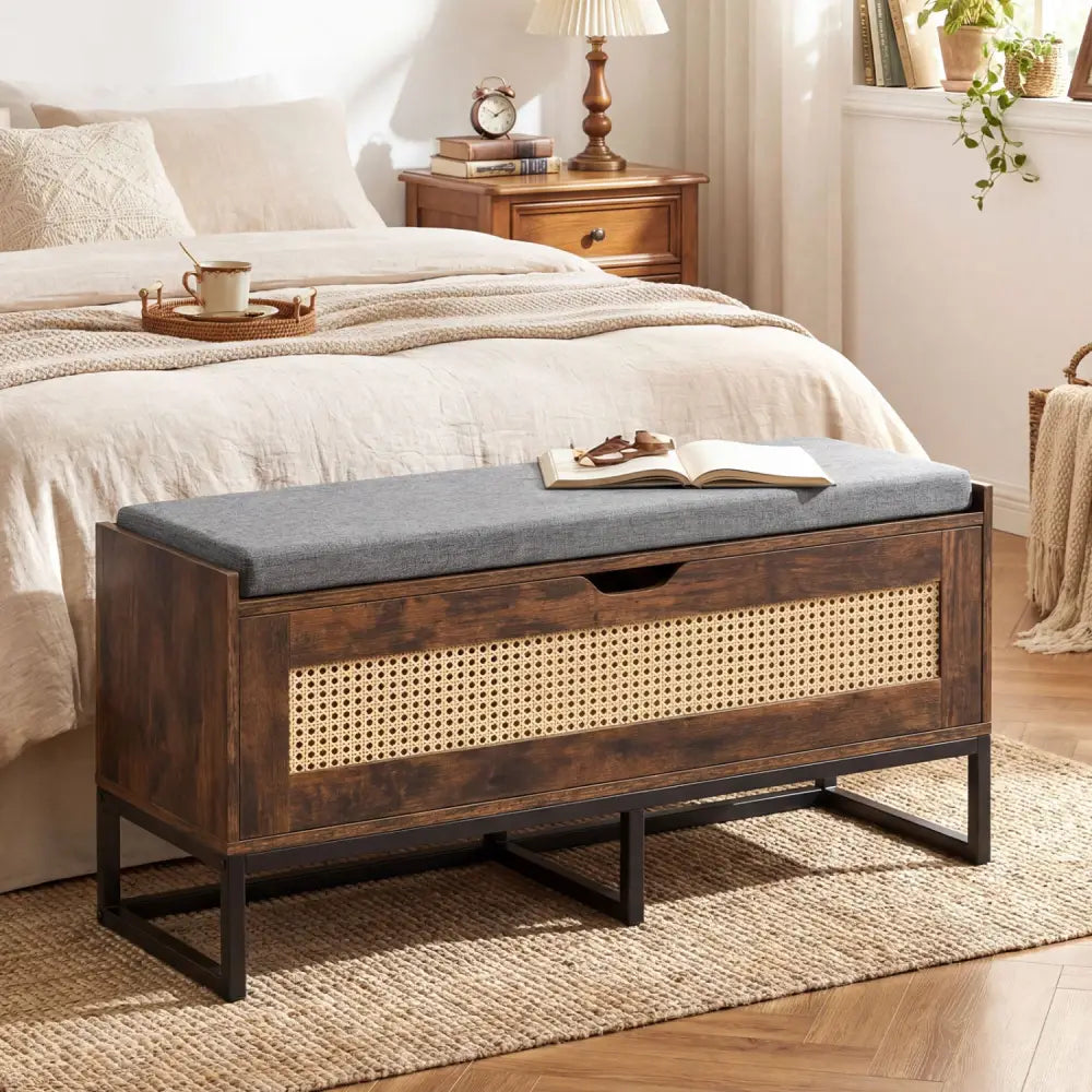 39.5’’ Rattan Storage Chest Wicker Shoe Bench with Padded Seat Flip-Top-Rustic Brown - Rustic Brown - Shoe Racks &
