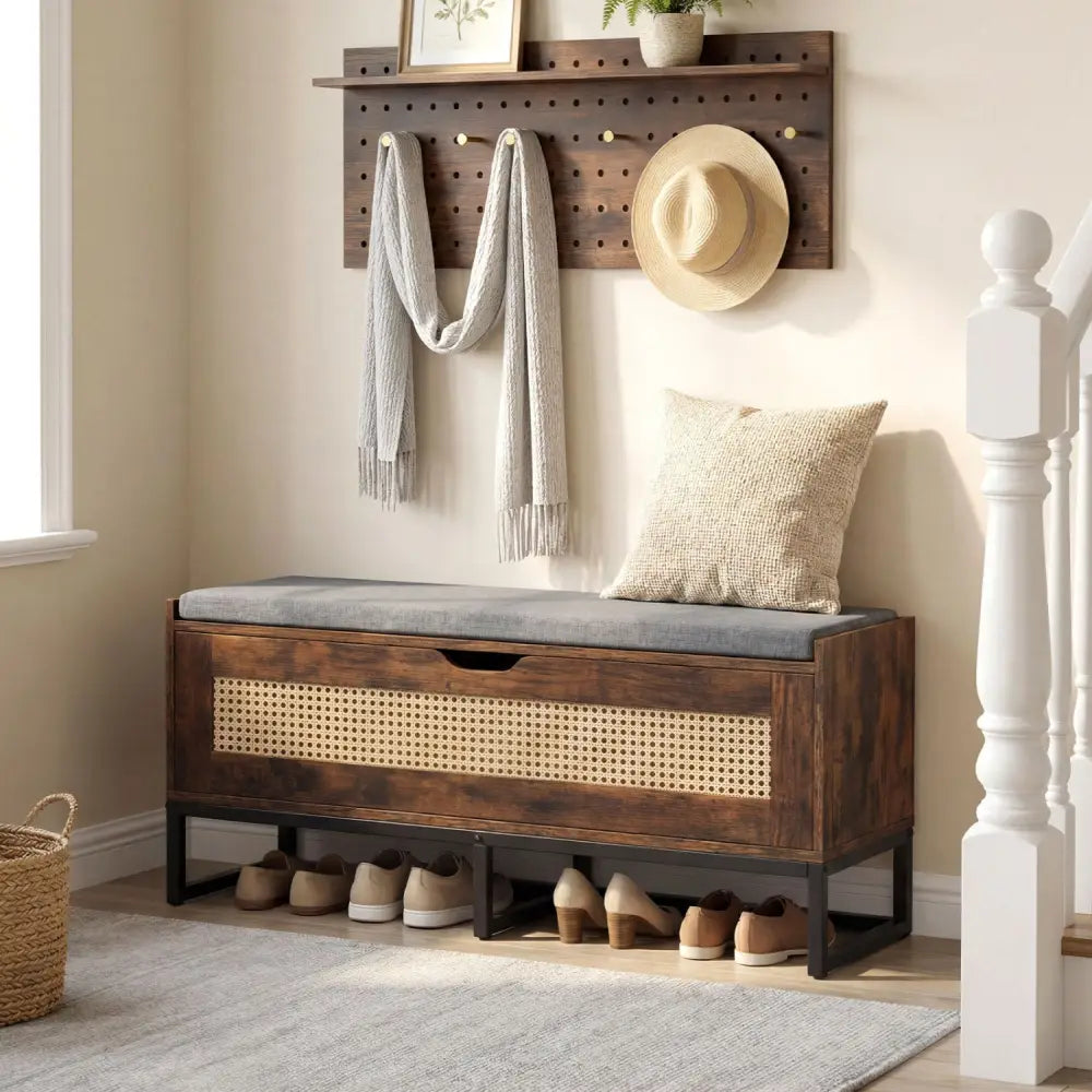 39.5’’ Rattan Storage Chest Wicker Shoe Bench with Padded Seat Flip-Top-Rustic Brown - Rustic Brown - Shoe Racks &