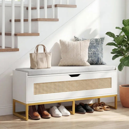 39.5’’ Rattan Storage Chest Wicker Shoe Bench with Padded Seat Flip-Top-White - White - Shoe Racks & Storage Benches