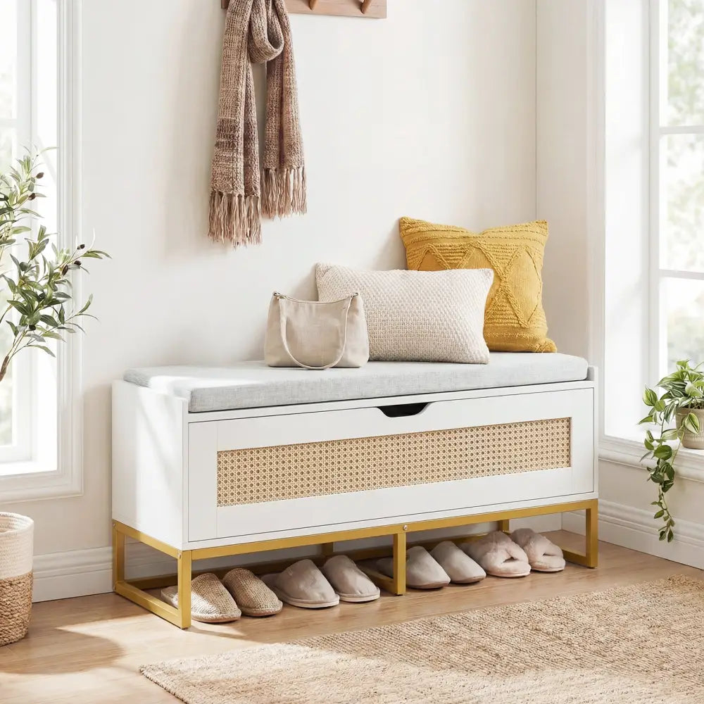 39.5’’ Rattan Storage Chest Wicker Shoe Bench with Padded Seat Flip-Top-White - White - Shoe Racks & Storage Benches