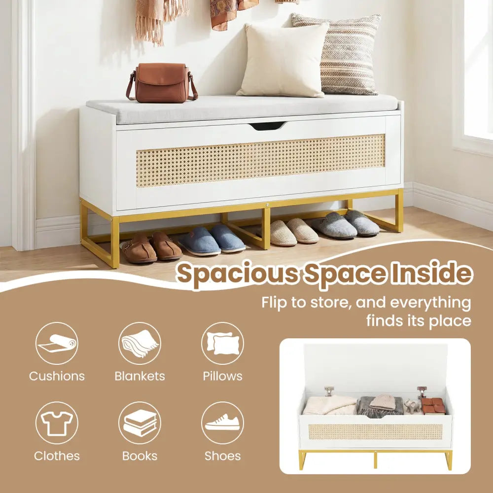 39.5’’ Rattan Storage Chest Wicker Shoe Bench with Padded Seat Flip-Top-White - White - Shoe Racks & Storage Benches