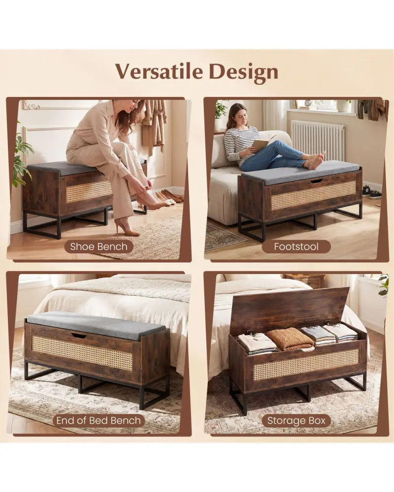 39.5’’ Rattan Storage Chest Wicker Shoe Bench with Padded Seat Flip-Top-Rustic Brown - Rustic Brown - Shoe Racks &