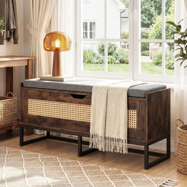 39.5’’ Rattan Storage Chest Wicker Shoe Bench with Padded Seat Flip-Top-Rustic Brown - Rustic Brown - Shoe Racks &