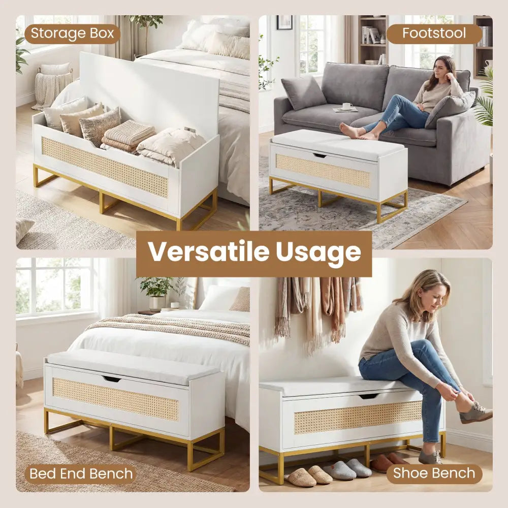 39.5’’ Rattan Storage Chest Wicker Shoe Bench with Padded Seat Flip-Top-White - White - Shoe Racks & Storage Benches