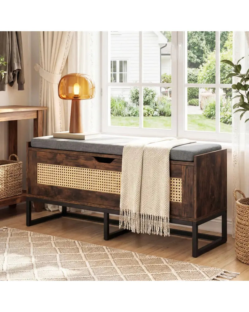 39.5’’ Rattan Storage Chest Wicker Shoe Bench with Padded Seat Flip-Top-Rustic Brown - Rustic Brown - Shoe Racks &