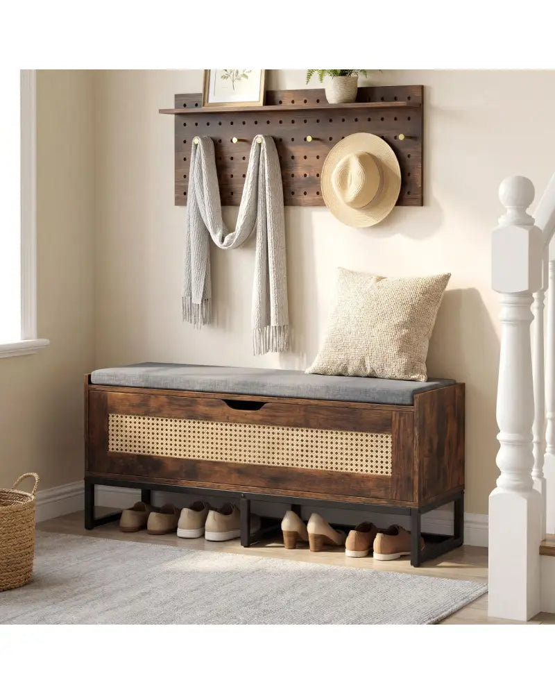 39.5’’ Rattan Storage Chest Wicker Shoe Bench with Padded Seat Flip-Top-Rustic Brown - Rustic Brown - Shoe Racks &