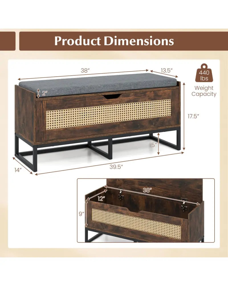 39.5’’ Rattan Storage Chest Wicker Shoe Bench with Padded Seat Flip-Top-Rustic Brown - Rustic Brown - Shoe Racks &