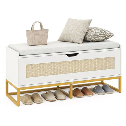 39.5’’ Rattan Storage Chest Wicker Shoe Bench with Padded Seat Flip-Top-White - White - Shoe Racks & Storage Benches