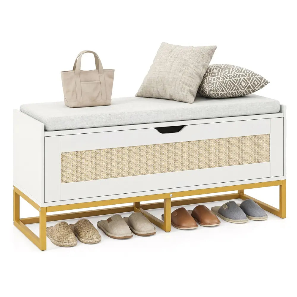 39.5’’ Rattan Storage Chest Wicker Shoe Bench with Padded Seat Flip-Top-White - White - Shoe Racks & Storage Benches