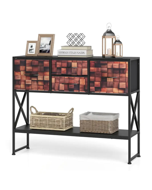 39’’ Console Table with 4 Fabric Drawers and Open Shelf and Anti-Tipping Device-Coffee & Black - Coffee - Console Tables