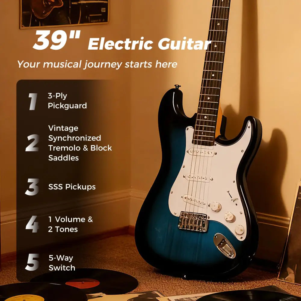 39 Inch Full Size Electric Guitar Beginner Kit with Amplifier for Starter-Blue - Blue - Guitar & Strings