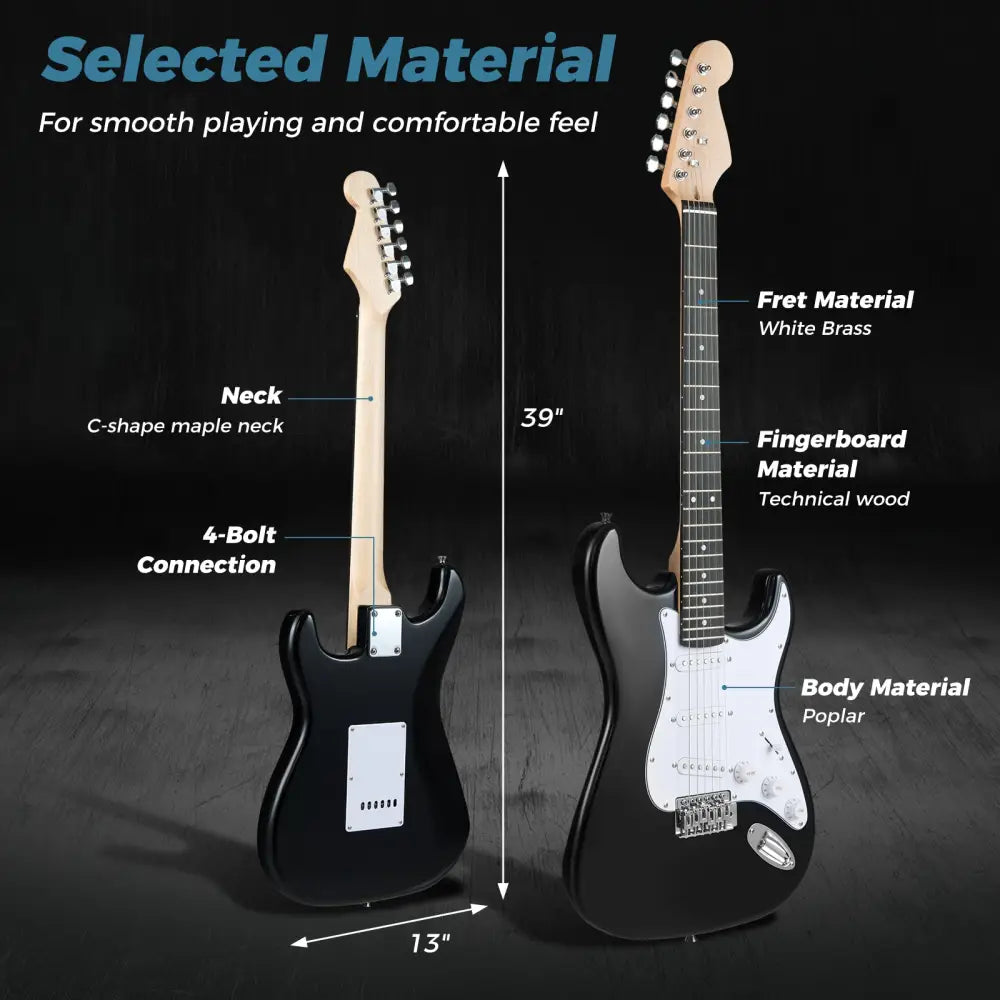 39 Inch Full Size Electric Guitar Beginner Kit with Amplifier for Starter-Black - Black - Guitar & Strings