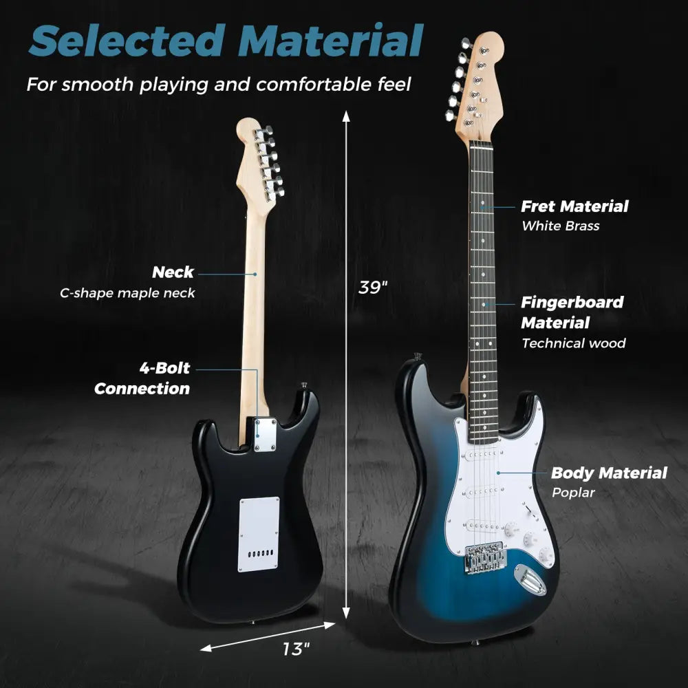 39 Inch Full Size Electric Guitar Beginner Kit with Amplifier for Starter-Blue - Blue - Guitar & Strings