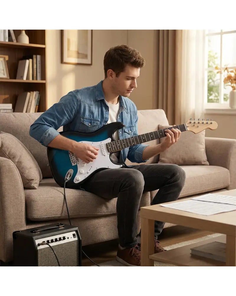 39 Inch Full Size Electric Guitar Beginner Kit with Amplifier for Starter-Blue - Blue - Guitar & Strings