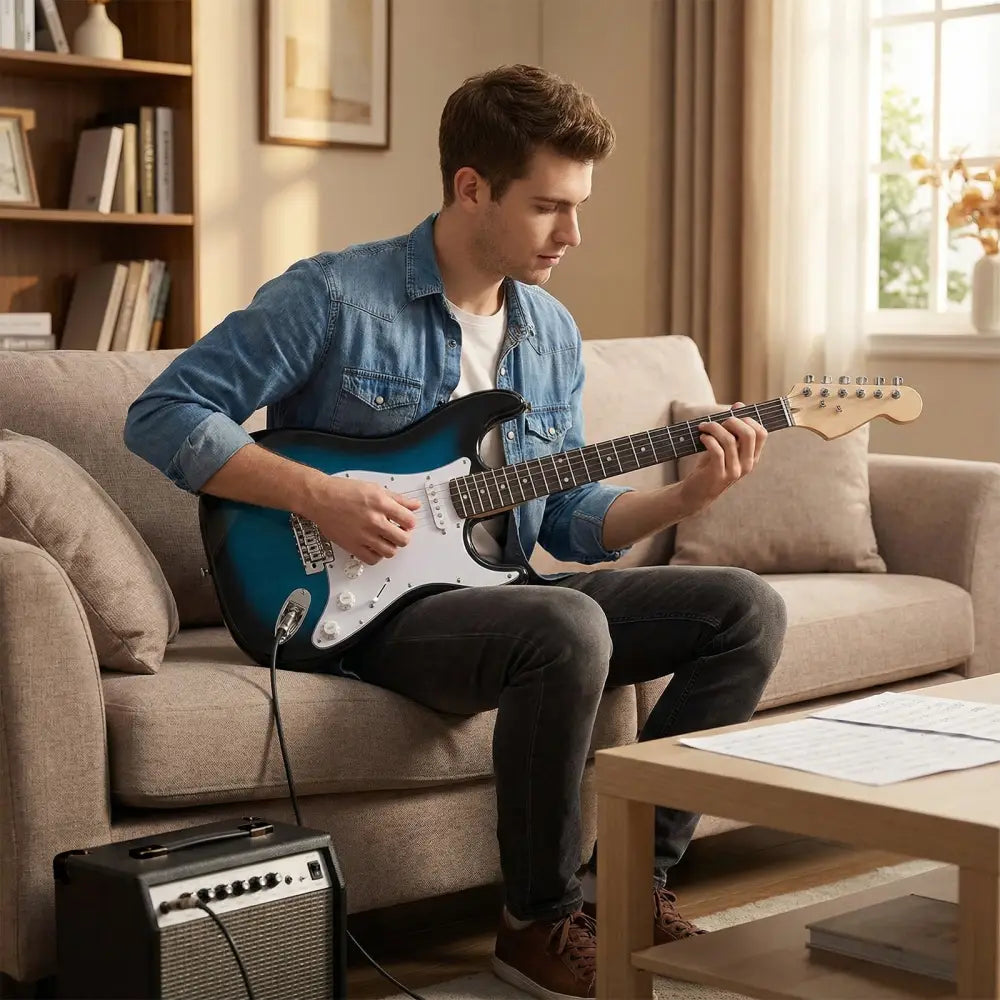 39 Inch Full Size Electric Guitar Beginner Kit with Amplifier for Starter-Blue - Blue - Guitar & Strings