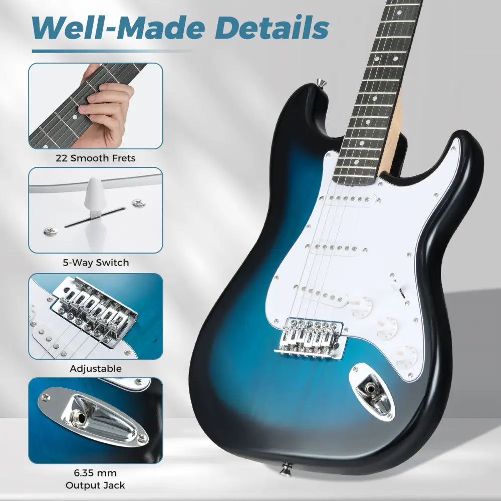 39 Inch Full Size Electric Guitar Beginner Kit with Amplifier for Starter-Blue - Blue - Guitar & Strings