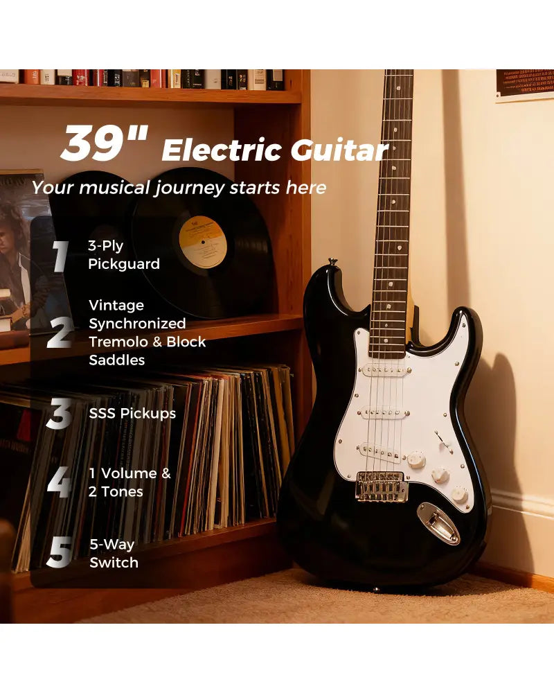 39 Inch Full Size Electric Guitar Beginner Kit with Amplifier for Starter-Black - Black - Guitar & Strings