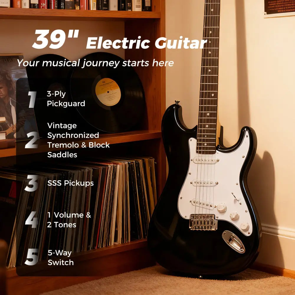 39 Inch Full Size Electric Guitar Beginner Kit with Amplifier for Starter-Black - Black - Guitar & Strings