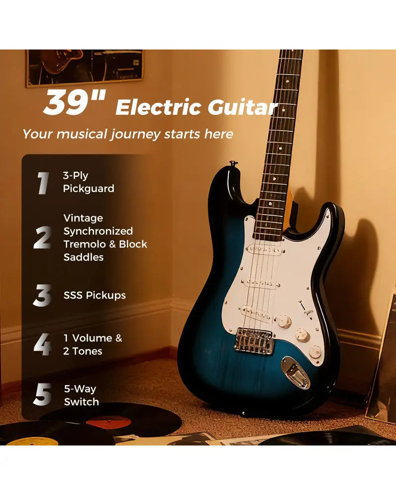 39 Inch Full Size Electric Guitar Beginner Kit with Amplifier for Starter-Blue - Blue - Guitar & Strings