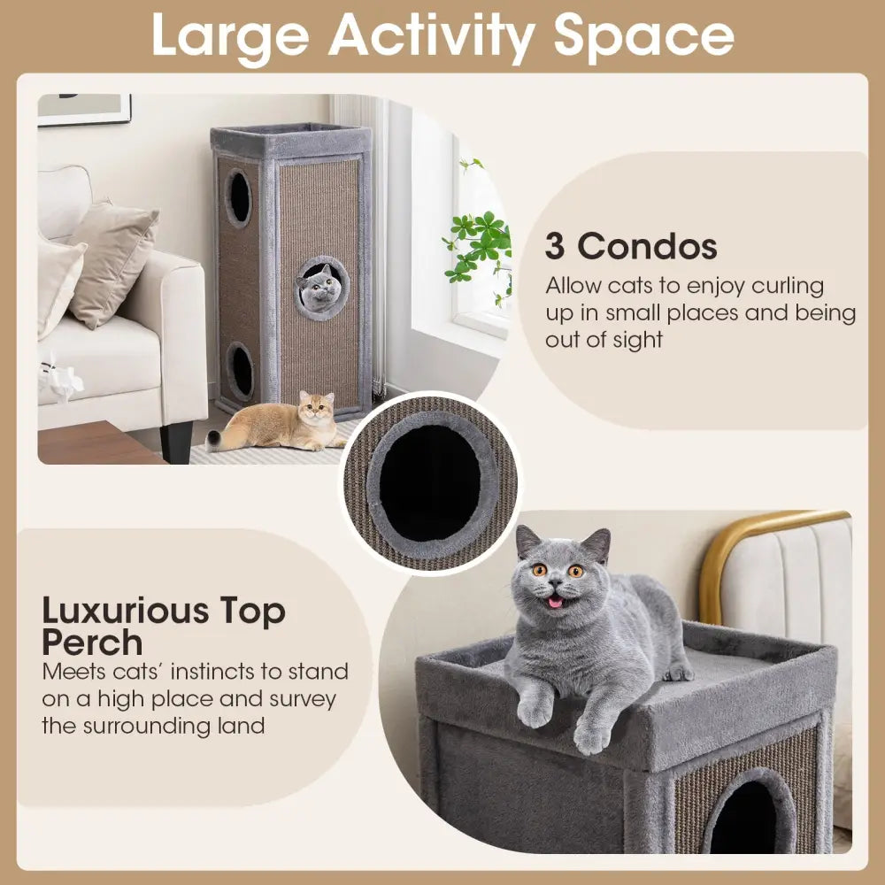 39 Inch Tall Cat Condo with Scratching Posts and 3 Hideaways and 4 Soft Plush Cushions-Gray - Gray - Cat Trees Condos &