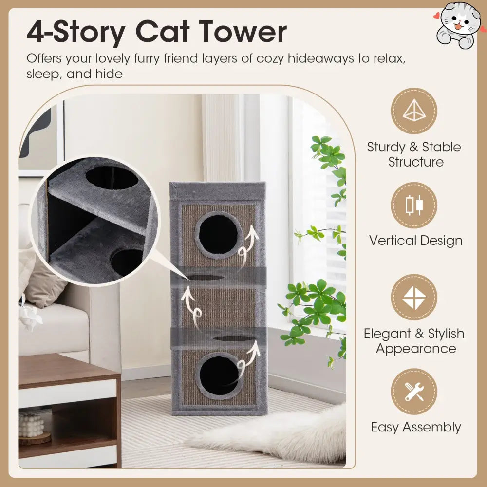 39 Inch Tall Cat Condo with Scratching Posts and 3 Hideaways and 4 Soft Plush Cushions-Gray - Gray - Cat Trees Condos &
