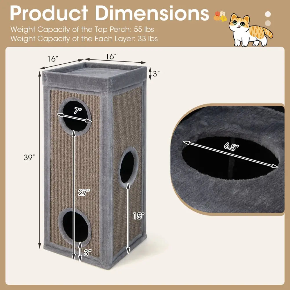 39 Inch Tall Cat Condo with Scratching Posts and 3 Hideaways and 4 Soft Plush Cushions-Gray - Gray - Cat Trees Condos &