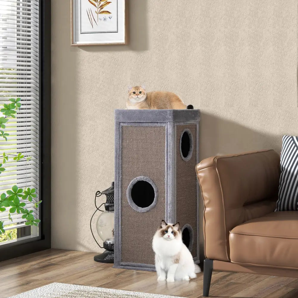 39 Inch Tall Cat Condo with Scratching Posts and 3 Hideaways and 4 Soft Plush Cushions-Gray - Gray - Cat Trees Condos &
