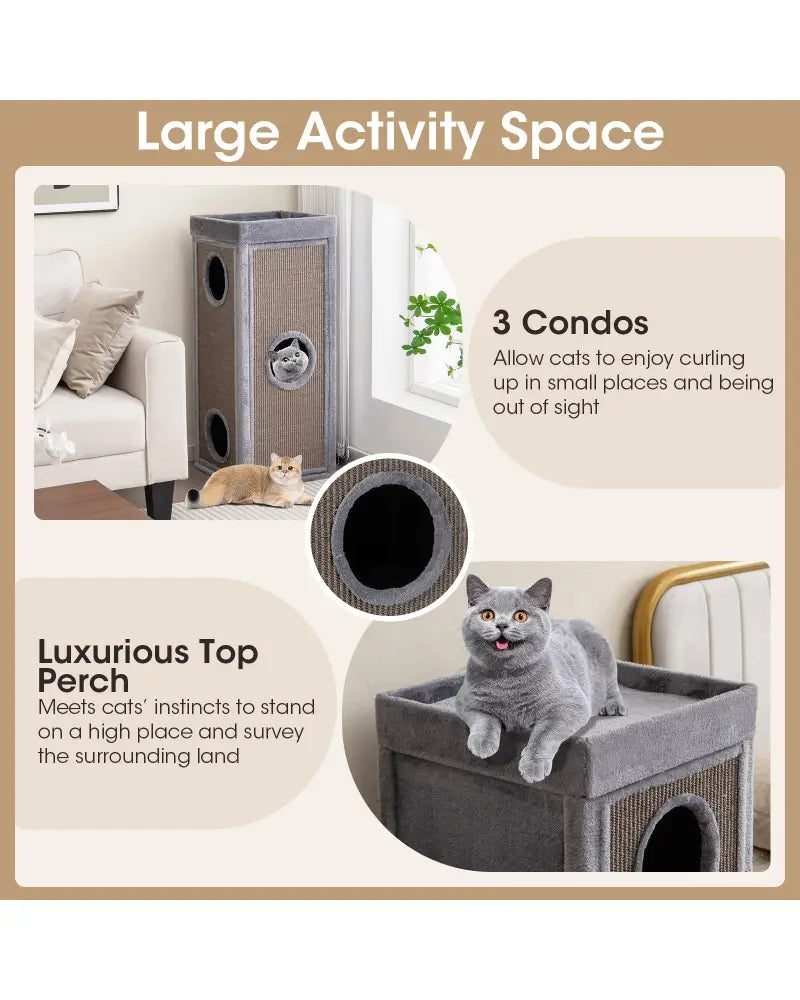 39 Inch Tall Cat Condo with Scratching Posts and 3 Hideaways and 4 Soft Plush Cushions-Gray - Gray - Cat Trees Condos &