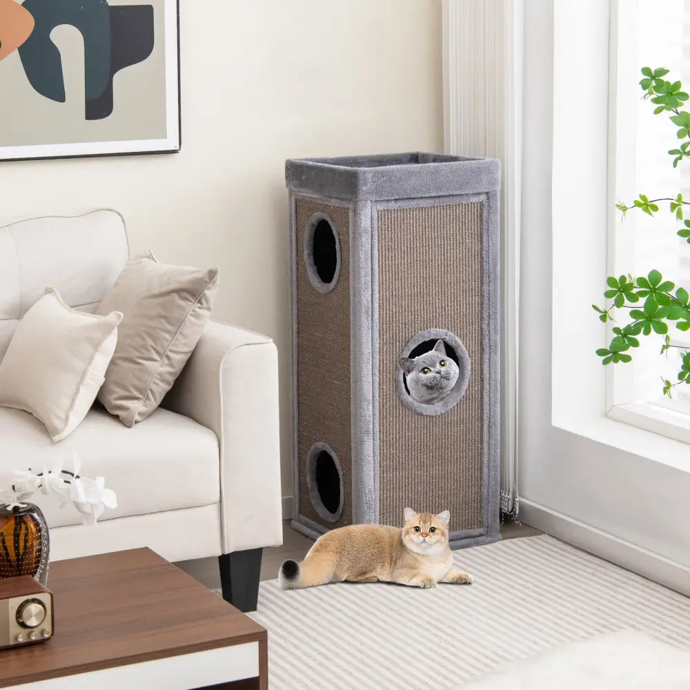 39 Inch Tall Cat Condo with Scratching Posts and 3 Hideaways and 4 Soft Plush Cushions-Gray - Gray - Cat Trees Condos &
