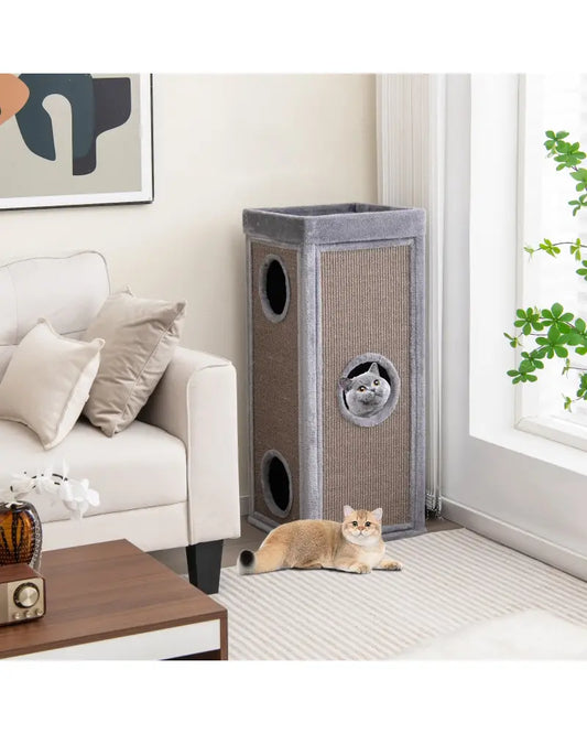 39 Inch Tall Cat Condo with Scratching Posts and 3 Hideaways and 4 Soft Plush Cushions-Gray - Gray - Cat Trees Condos &