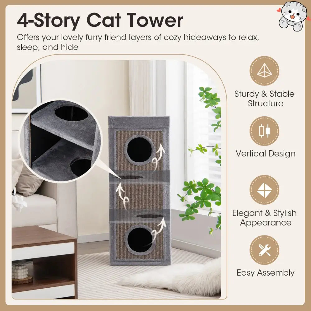 39 Inch Tall Cat Condo with Scratching Posts and 3 Hideaways and 4 Soft Plush Cushions-Gray - Gray - Cat Trees Condos &
