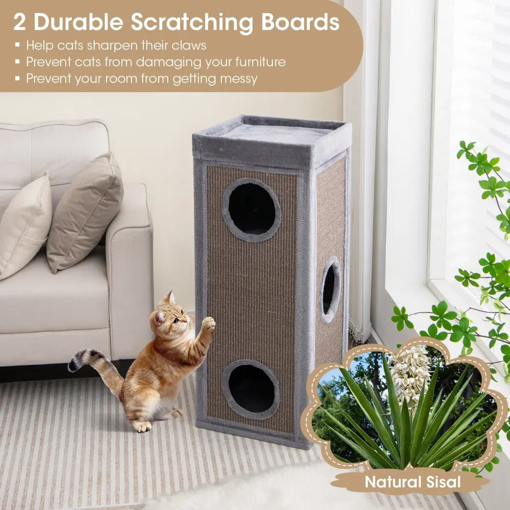 39 Inch Tall Cat Condo with Scratching Posts and 3 Hideaways and 4 Soft Plush Cushions-Gray - Gray - Cat Trees Condos &