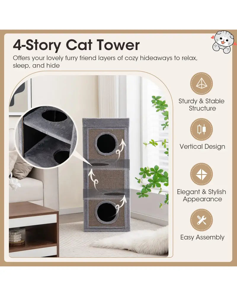 39 Inch Tall Cat Condo with Scratching Posts and 3 Hideaways and 4 Soft Plush Cushions-Gray - Gray - Cat Trees Condos &
