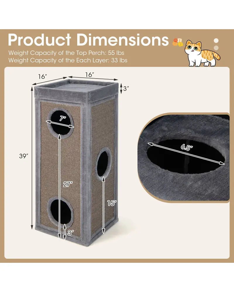 39 Inch Tall Cat Condo with Scratching Posts and 3 Hideaways and 4 Soft Plush Cushions-Gray - Gray - Cat Trees Condos &