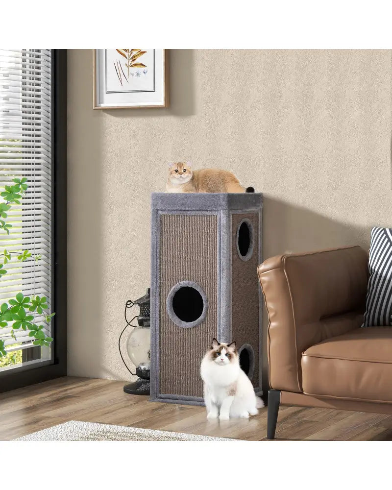 39 Inch Tall Cat Condo with Scratching Posts and 3 Hideaways and 4 Soft Plush Cushions-Gray - Gray - Cat Trees Condos &