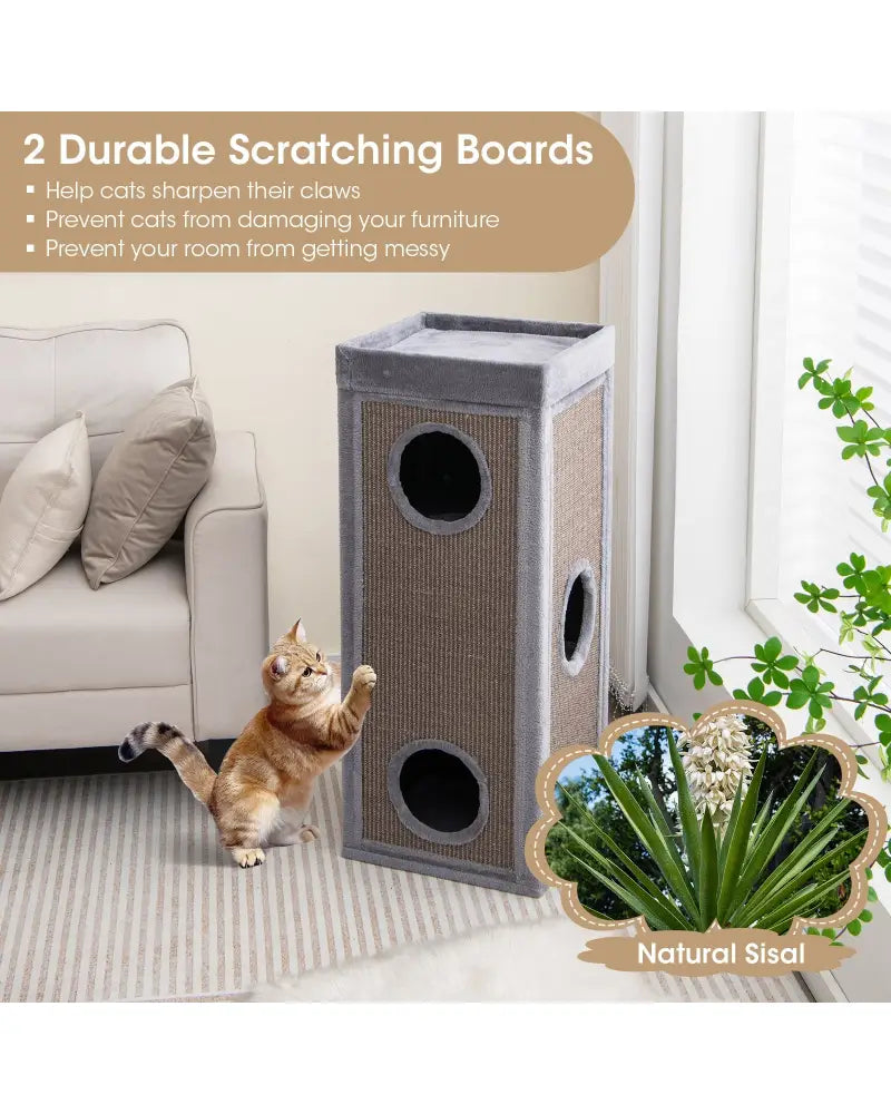 39 Inch Tall Cat Condo with Scratching Posts and 3 Hideaways and 4 Soft Plush Cushions-Gray - Gray - Cat Trees Condos &