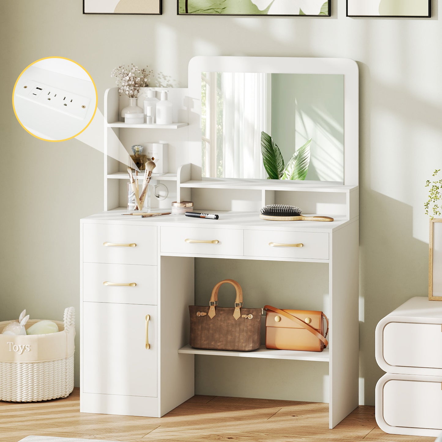 39.5 Inch Vanity Desk with Power Outlets and Mirror for Bedroom-White