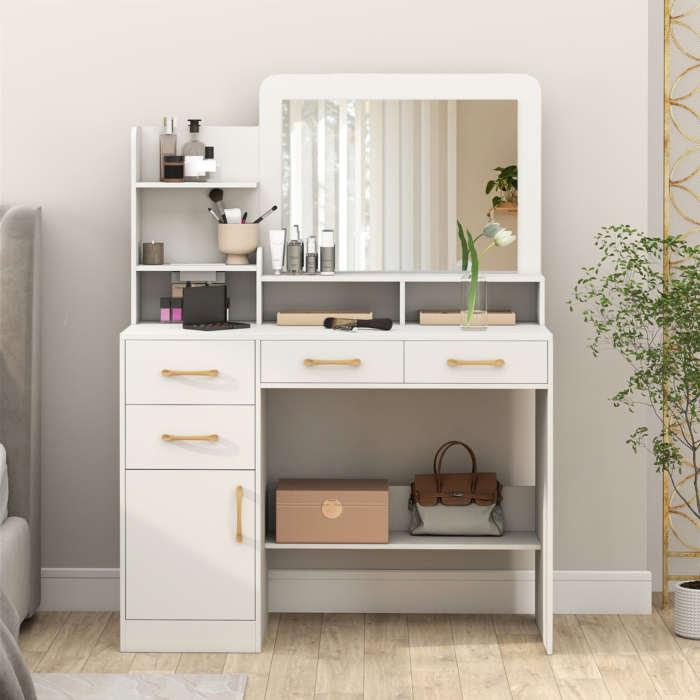 39.5 Inch Vanity Desk with Power Outlets and Mirror for Bedroom-White