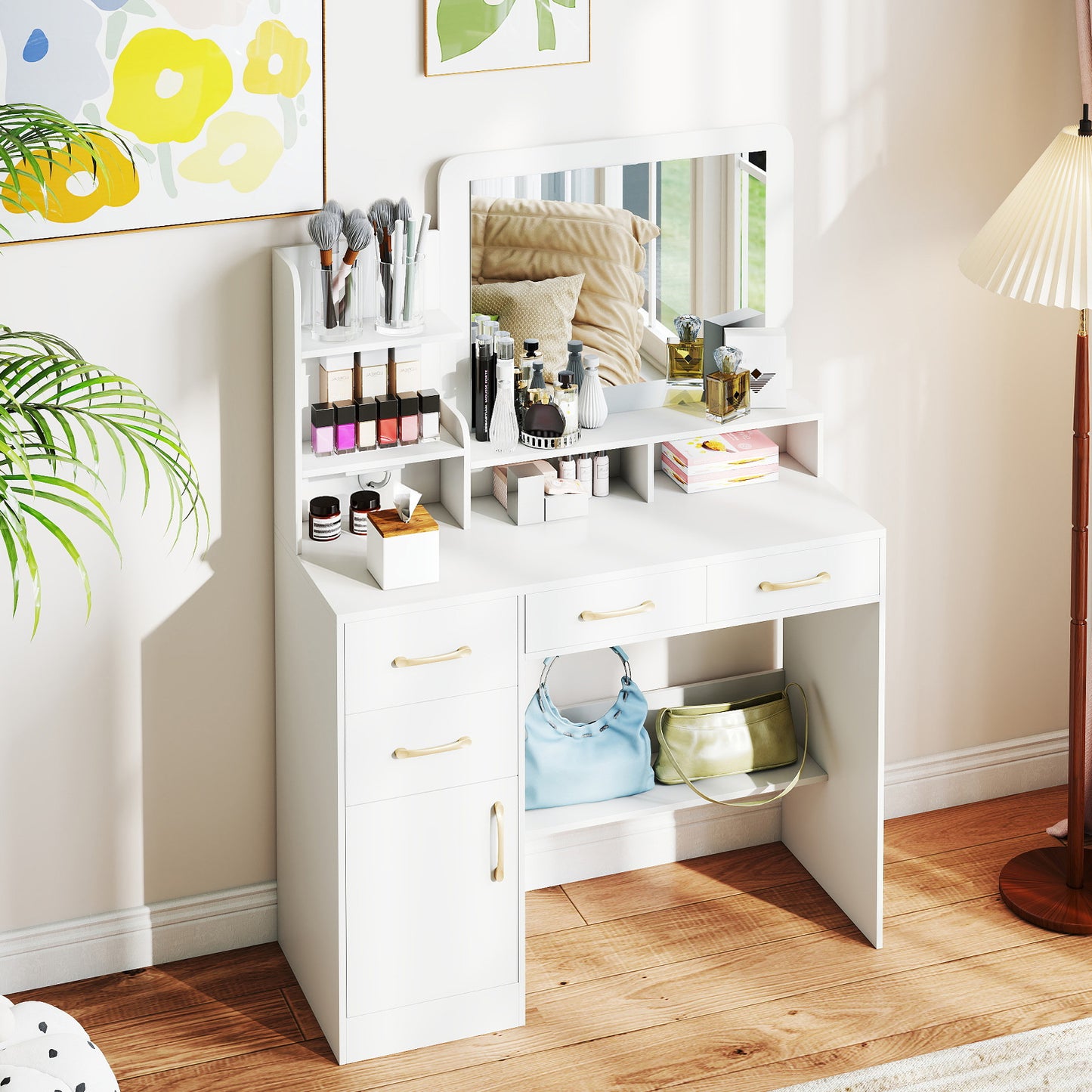 39.5 Inch Vanity Desk with Power Outlets and Mirror for Bedroom-White