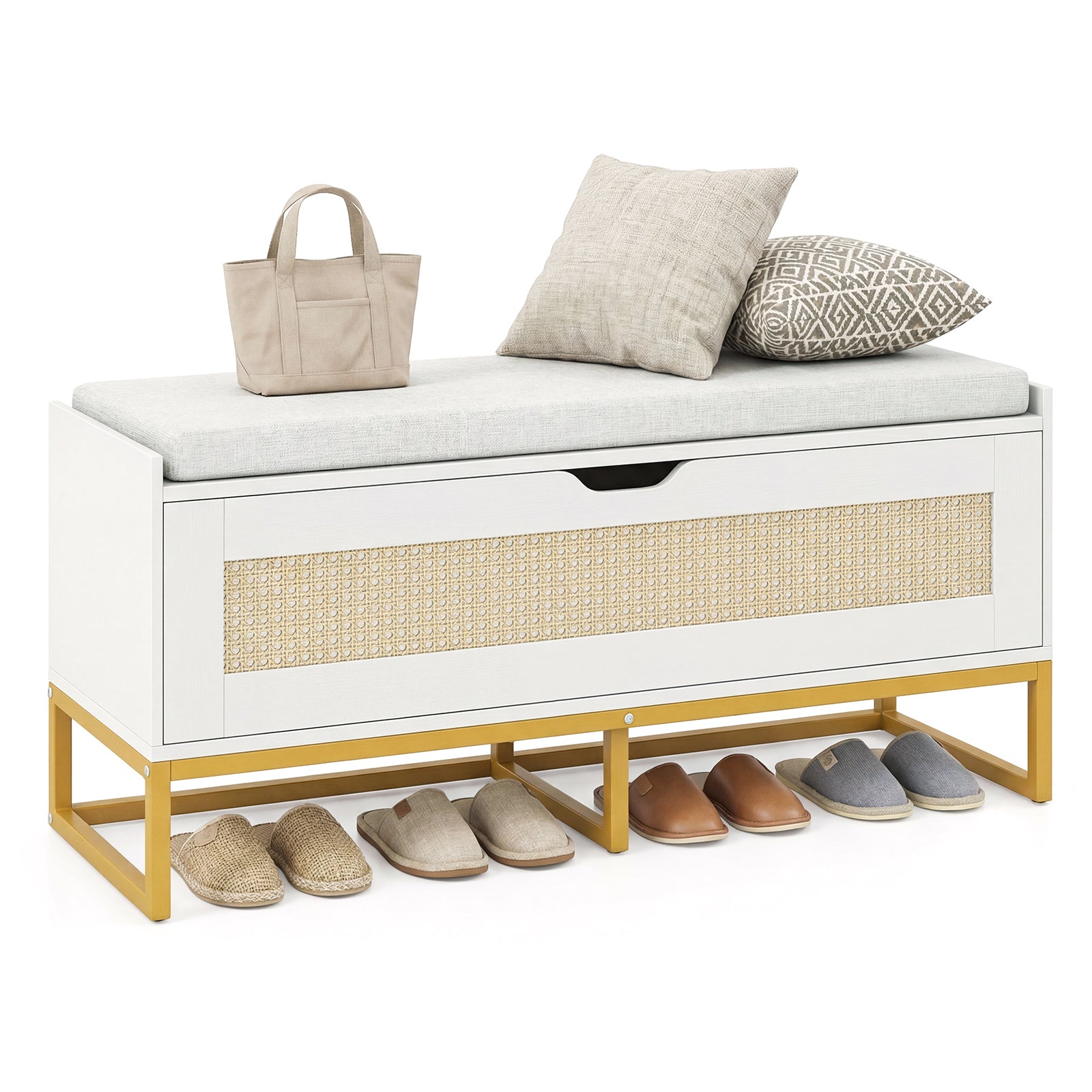 39.5" Rattan Storage Chest Wicker Shoe Bench with Padded Seat Flip-Top-White