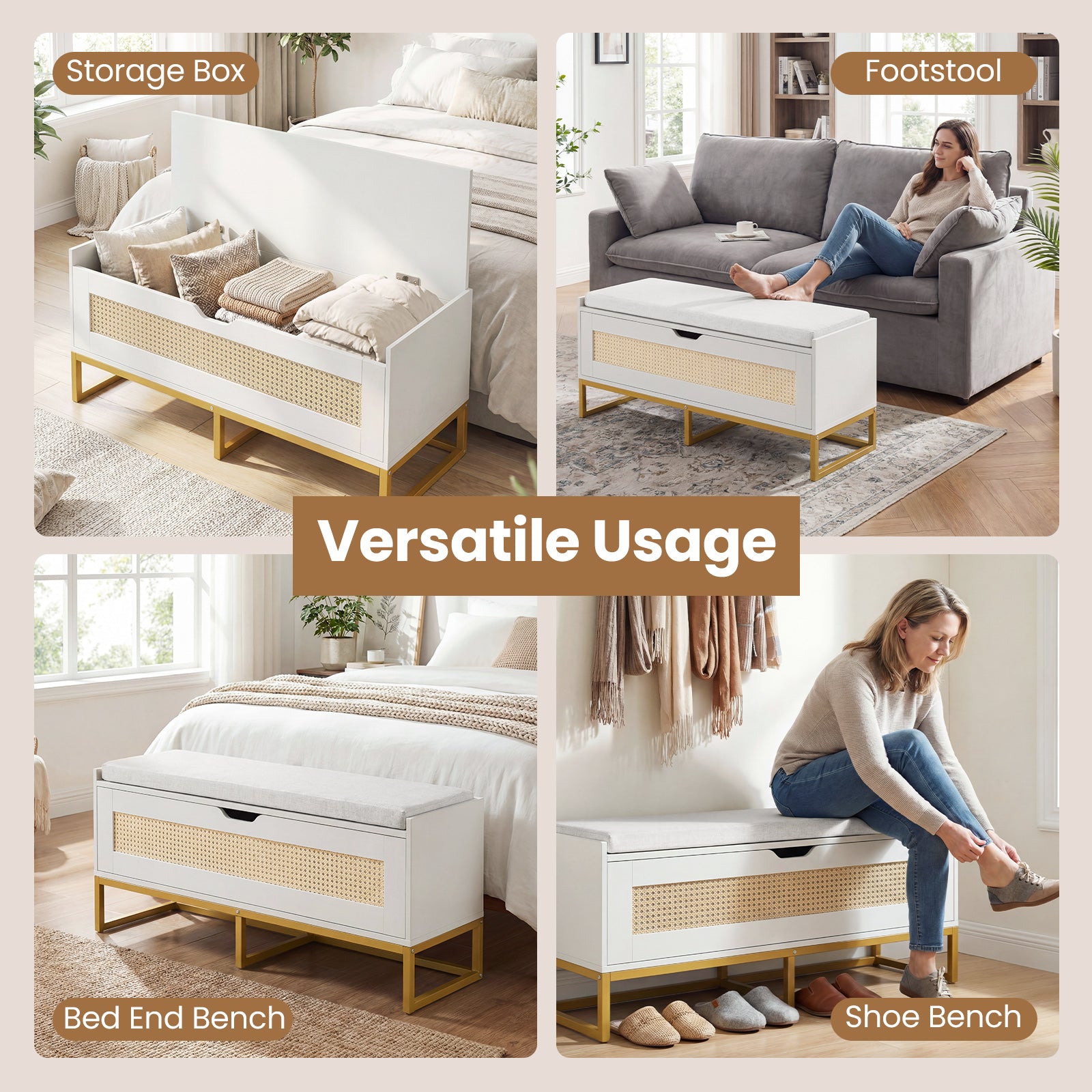 39.5" Rattan Storage Chest Wicker Shoe Bench with Padded Seat Flip-Top-White