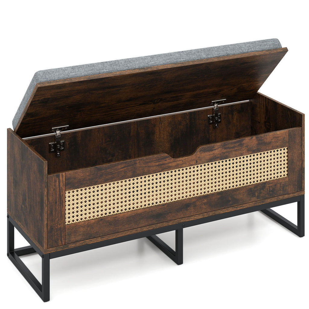 Banc de rangement en rotin de 100 cm avec coussin rembourré et couvercle relevable - Marron rustique